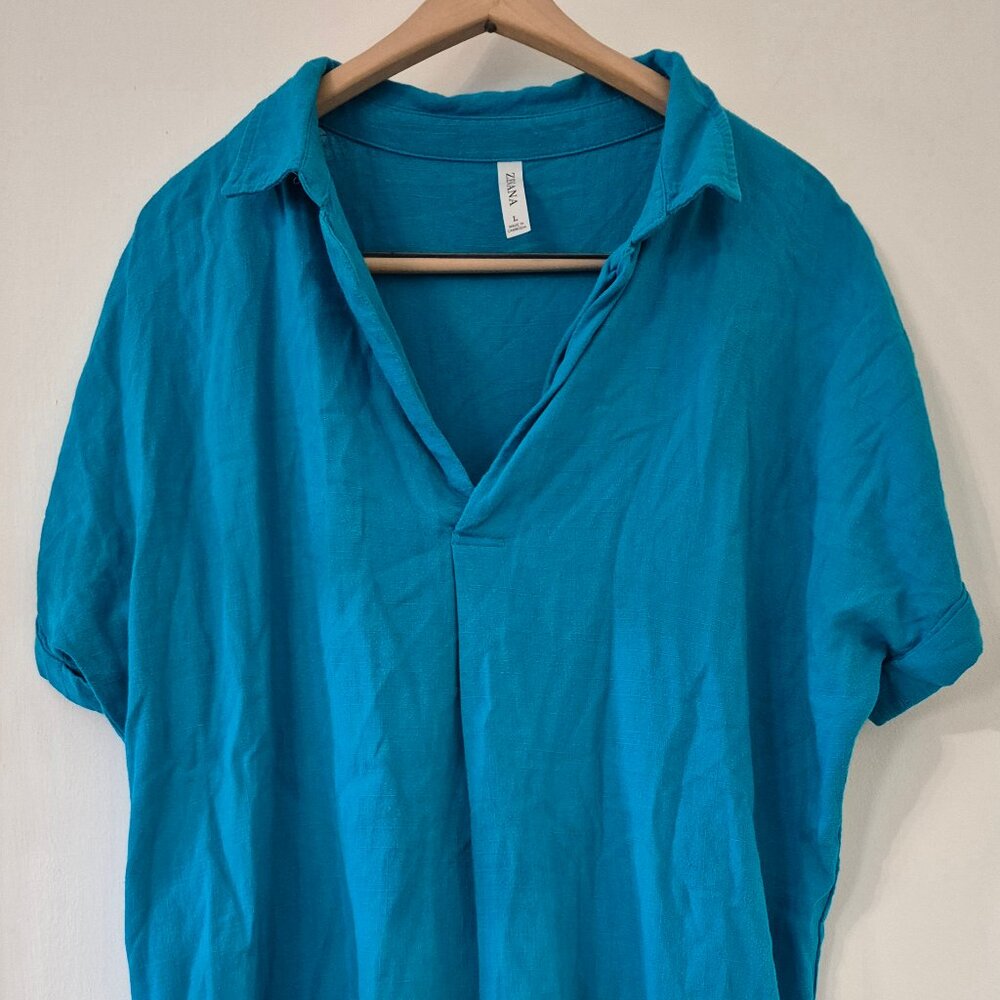 Zenana Blue Linen V-Neck Swimsuit Cover Up Beach Vacation Resort Cruise Coastal